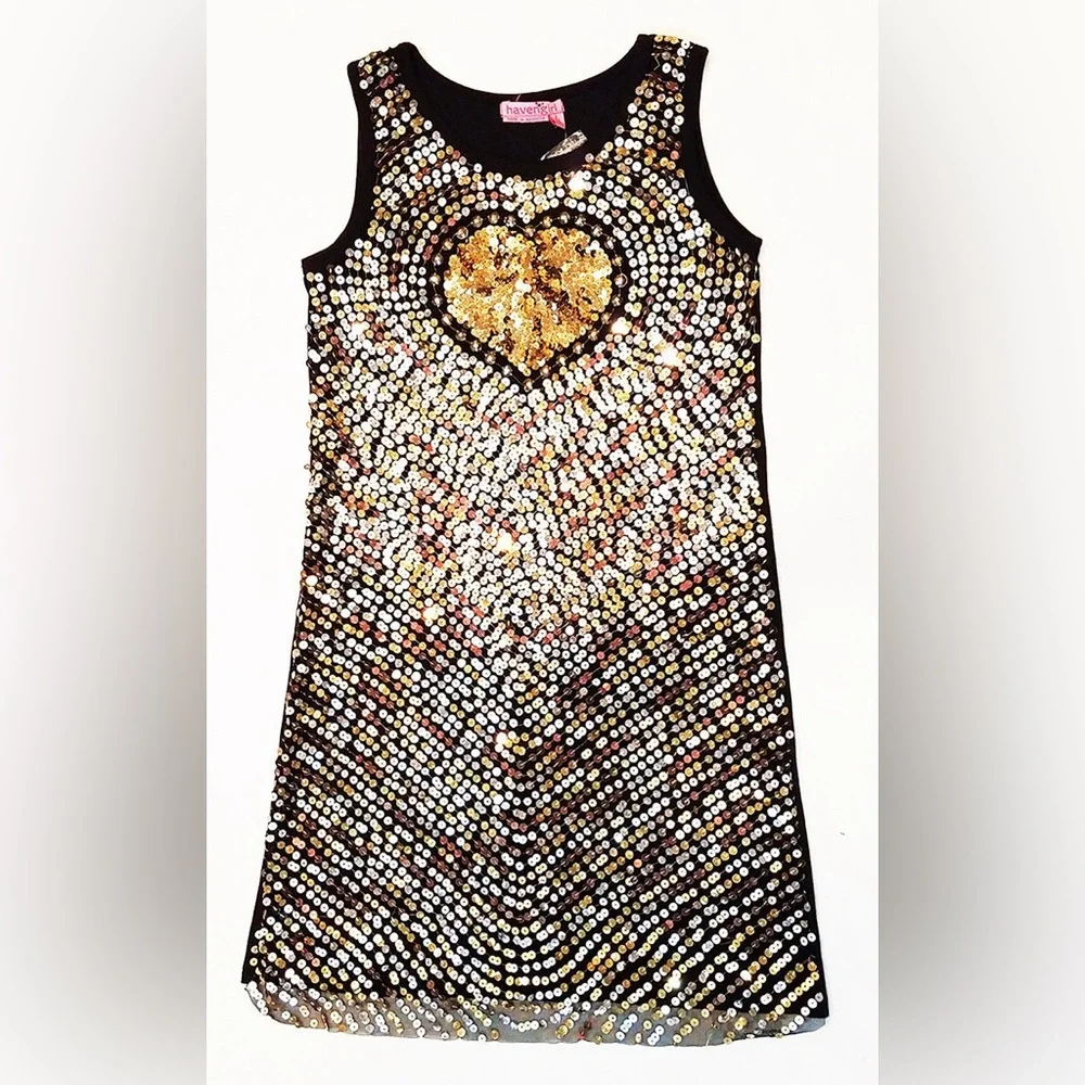 Gold and Black Sequin Heart‎ Kids Dress Sz 14 NWT Valentines Day